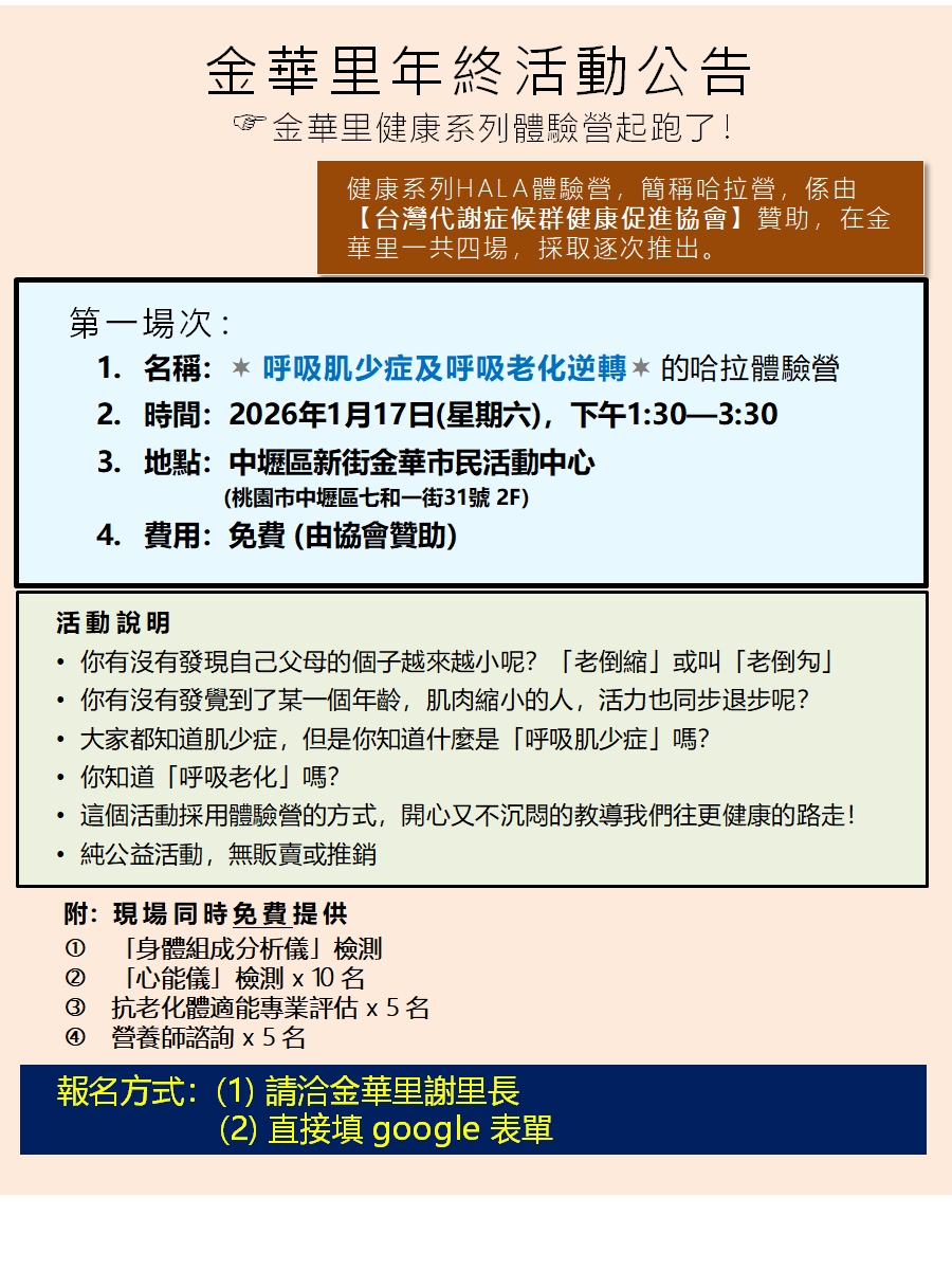 呼吸肌少症哈拉HALA營-桃園金華里：體重與身高縮小背後，隱藏著呼吸肌少症的警訊。台灣代謝症候群健康促進協會攜手金華里，透過 HALA 體驗營，從生物哲學角度帶您逆轉呼吸老化。現場提供 InBody 與專業諮詢，讓我們在輕鬆氛圍中，找回細胞活力，守護代謝健康。