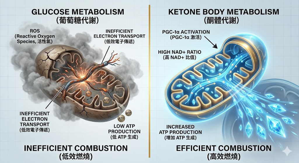 燃料的進化：酮體對粒線體生物合成與代謝效能的重塑：酮體不只是能源，更是優化粒線體的信號分子。它能啟動 PGC-1$\alpha$ 開關，誘導粒線體新生並減少氧化應激。本會主張透過治療性生酮切換代謝軌道，利用酮體的高效燃燒與自噬作用，從底層修復細胞發電廠，找回失落的代謝靈活性。