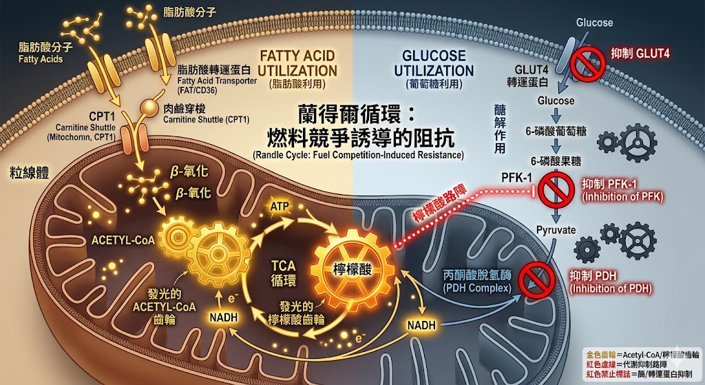 燃料的競爭與代謝的僵局：蘭得爾循環對胰島素阻抗的分子調控：蘭得爾循環是細胞內葡萄糖與脂肪酸的燃料競爭機制。當兩者同時過載，脂肪氧化產物會封鎖葡萄糖路徑，誘發胰島素阻抗。本會主張透過治療性生酮打破燃料僵局，利用 IRCT 監測代謝切換，恢復粒線體的能源選擇權與代謝靈活性。